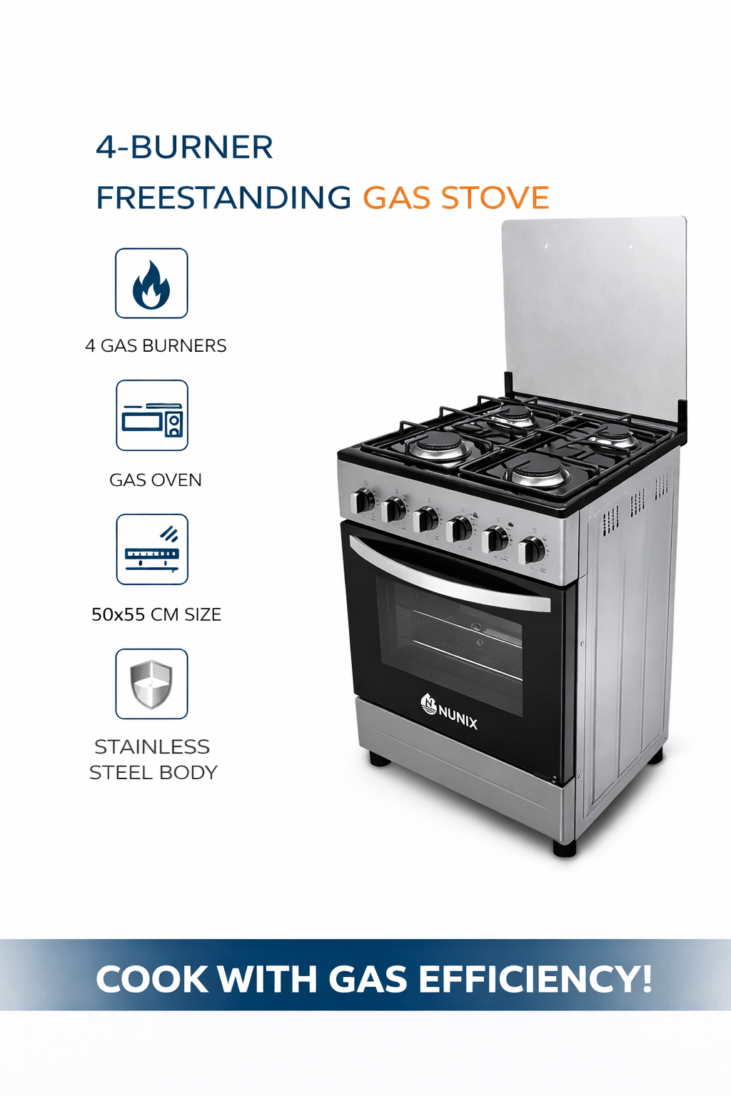 Nunix Cooker Free Standing 4 Gas Burner Cooker With Gas Oven