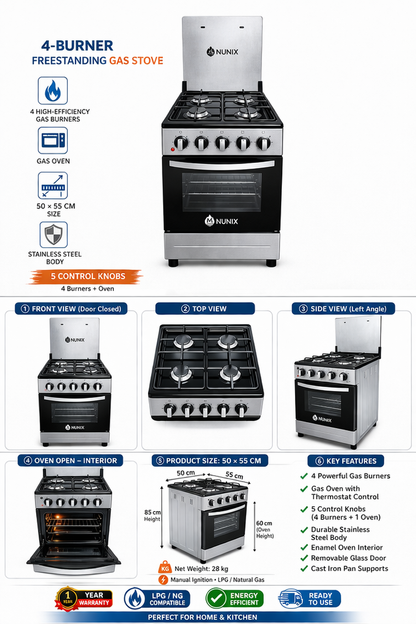 Nunix Cooker Freestanding 50×55cm 4-Gas Burner With Gas Oven KZ-560-GO-S