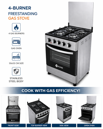 Nunix Cooker Freestanding 50×55cm 4-Gas Burner With Gas Oven KZ-560-GO-S