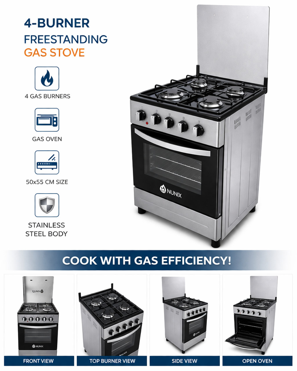 Nunix Cooker Freestanding 50×55cm 4-Gas Burner,Gas Oven KZ-560-GO-S