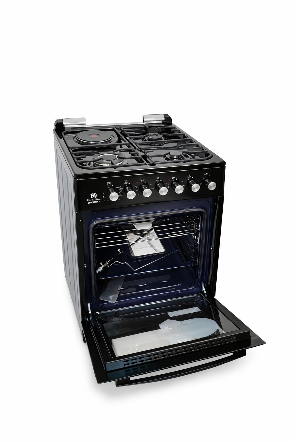 Bjs Eminence 60x60 Cooker 3 Gas Burners + 1 Electric Plate, rapid plate, WOK triple ring burner, sensor, blue enamel oven, turbo fan, food warmer, Stainless Steel. Black