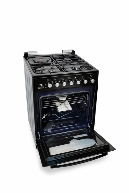Bjs Eminence 60x60 Cooker 3 Gas Burners + 1 Electric Plate, rapid plate, WOK triple ring burner, sensor, blue enamel oven, turbo fan, food warmer, Stainless Steel. Black