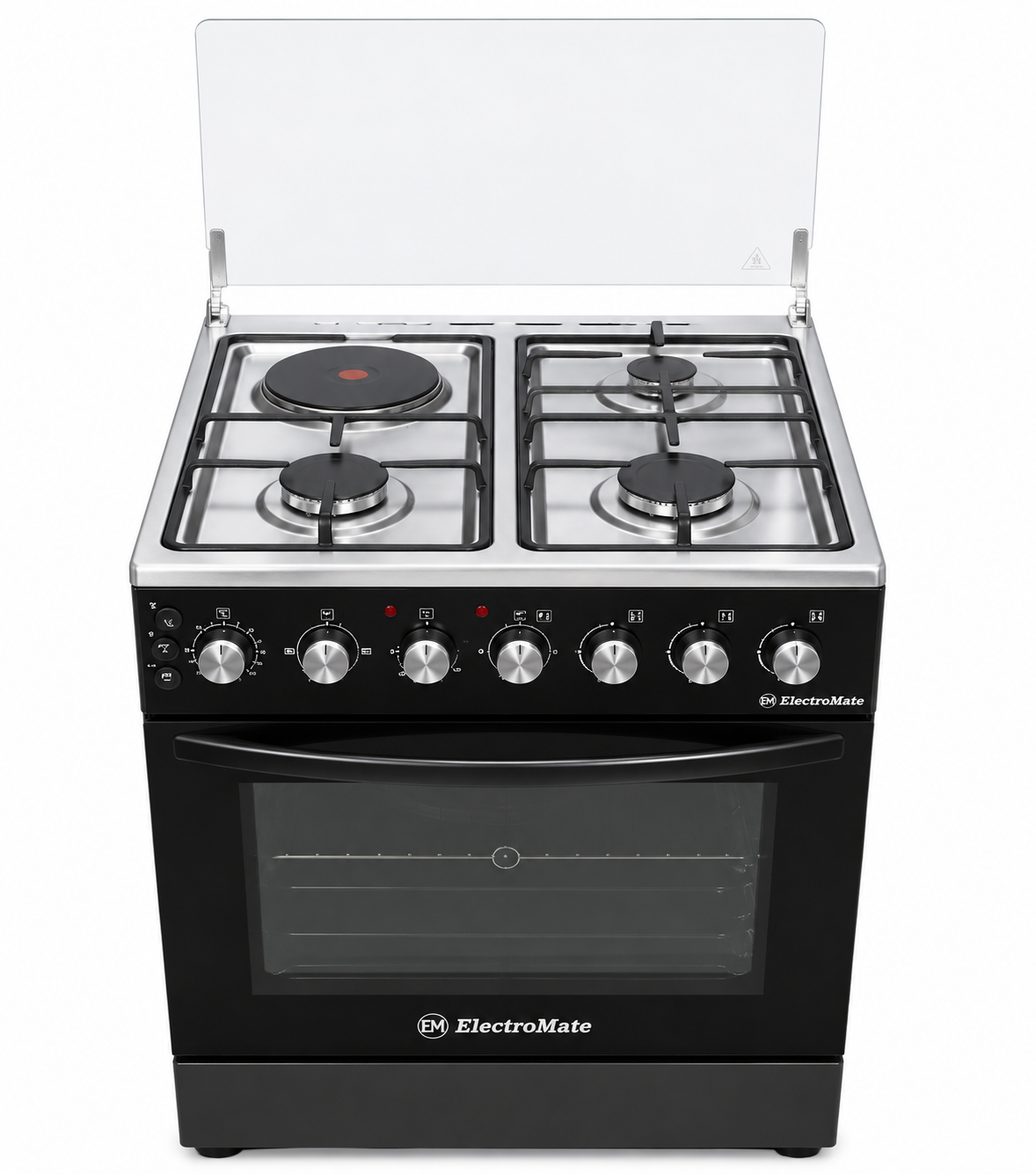 ElectroMate Cooker 60x60 3 Gas + 1 Electric Plate Electric Oven Rotisserie Timer Black