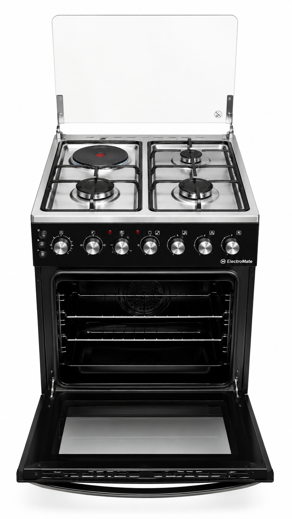 ElectroMate Cooker 60x60 3 Gas + 1 Electric Plate Electric Oven Rotisserie Timer Black