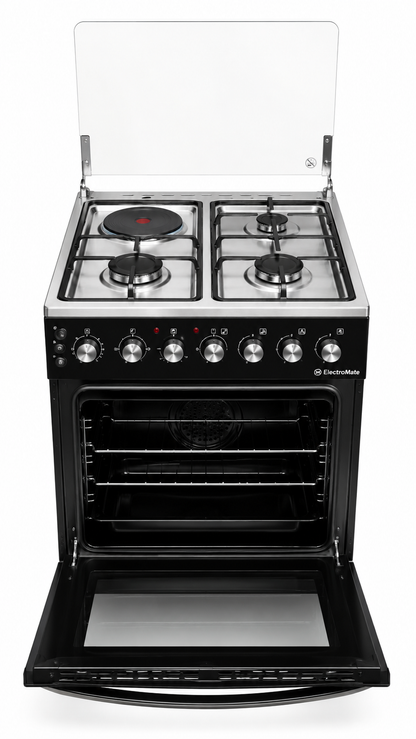 ElectroMate Cooker 60x60 3 Gas + 1 Electric Plate Electric Oven Rotisserie Timer Black