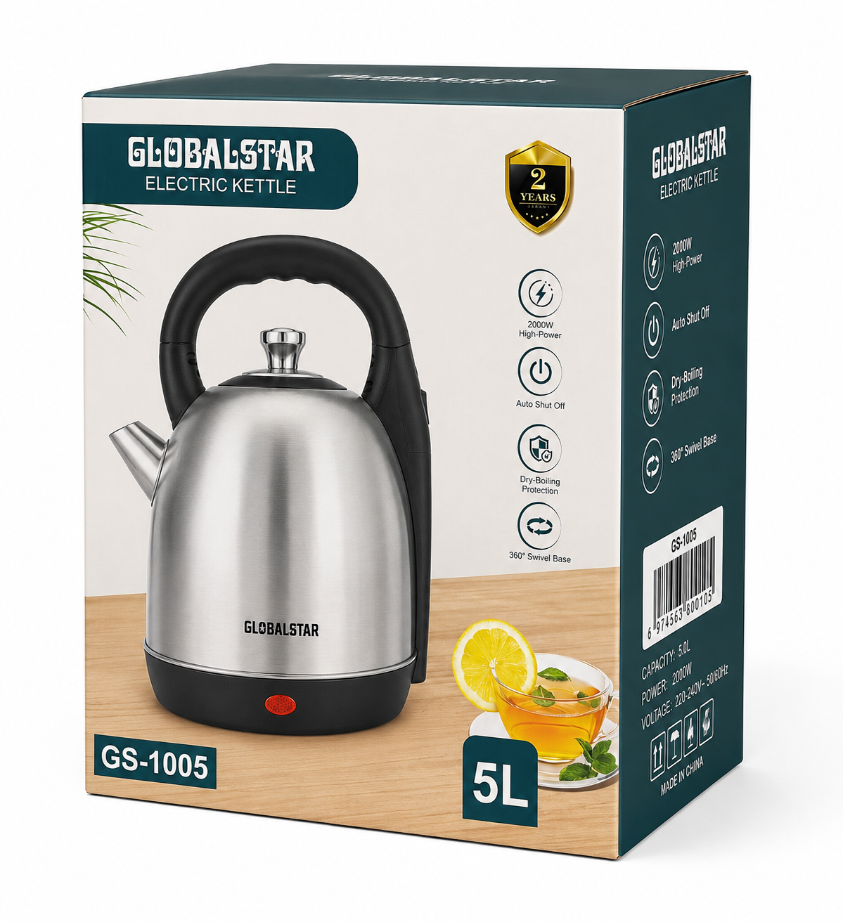 Globalstar Kettle Electric 5L 2000W, Auto Shut-Off, Dry-Boiling Protection, 360° Swivel Base, GS-1005 2 Years Warranty