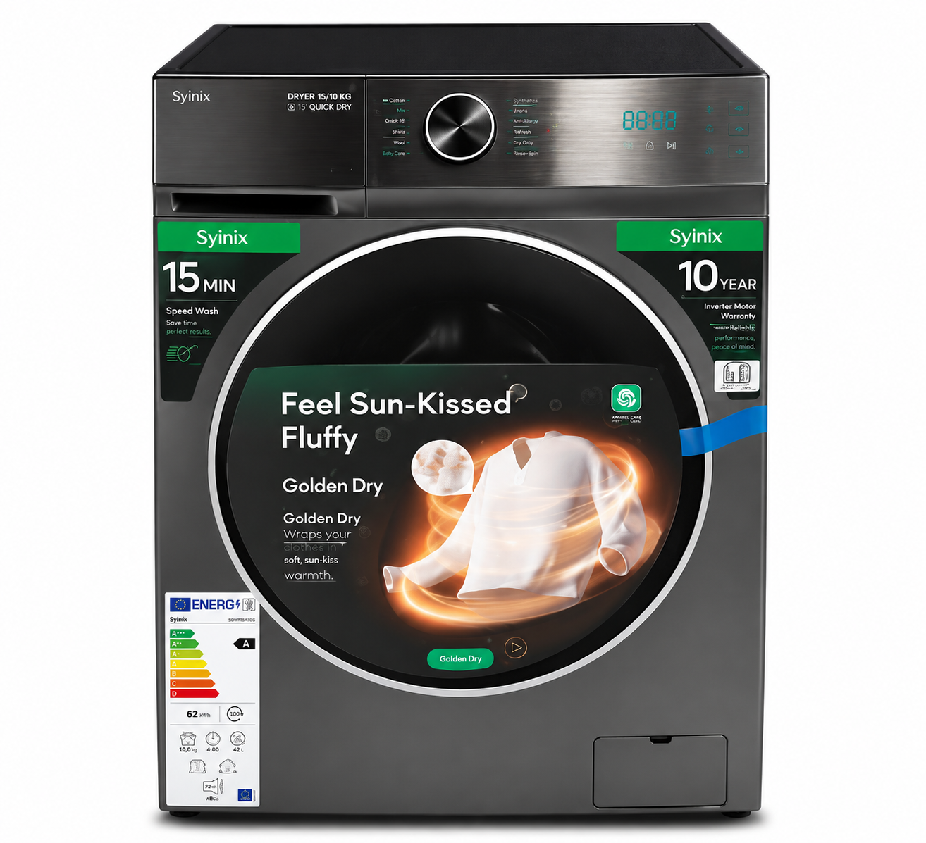 Syinix 10/7KG Washer and Dryer Combo Front Load Washing Machine – DD Inverter Motor, 1200RPM, Steam Allergen, ECO Mode – N10WFDT