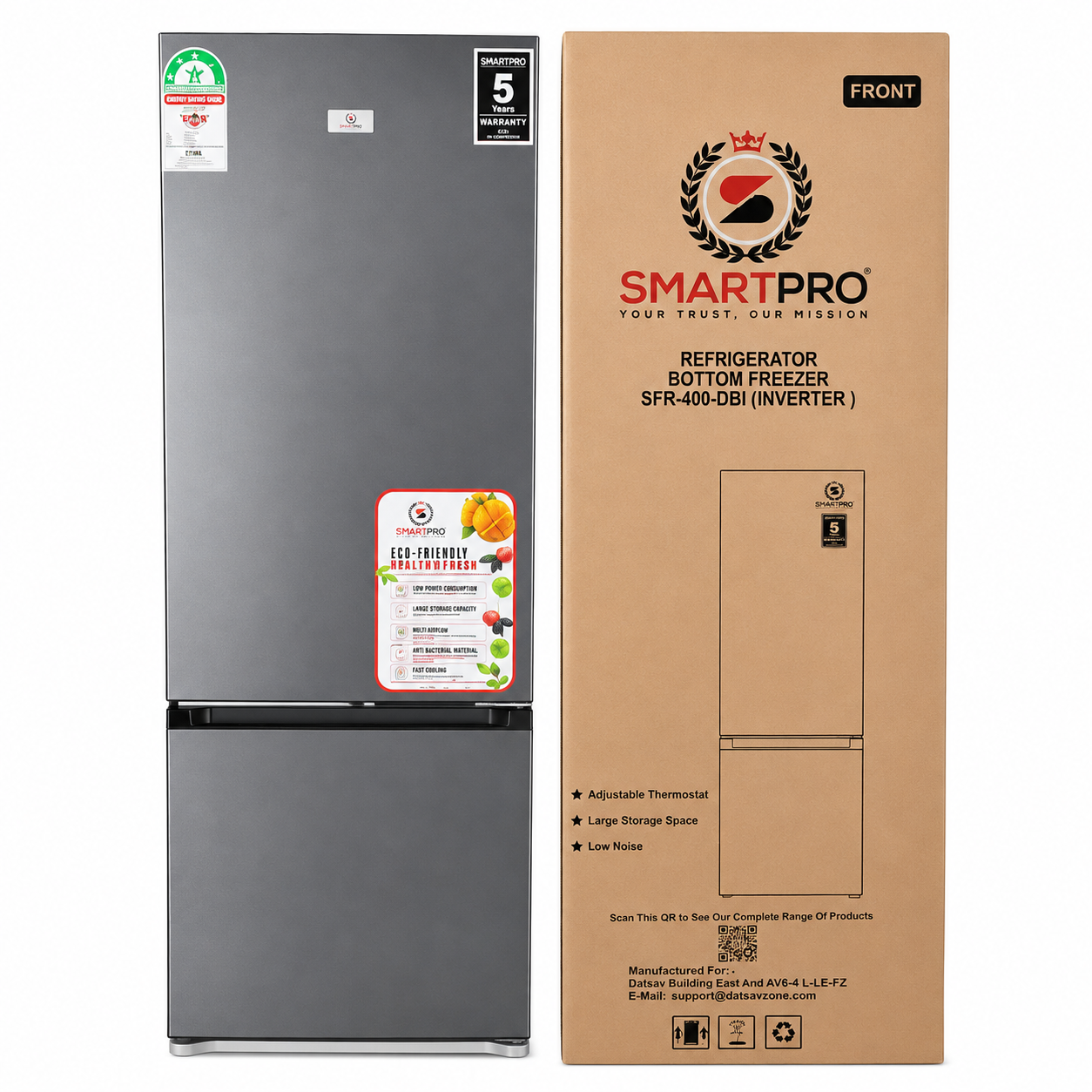 Smartpro 300L Bottom Freezer Refrigerator SFR-400-DBI – Inverter, Low Noise, Dark Grey