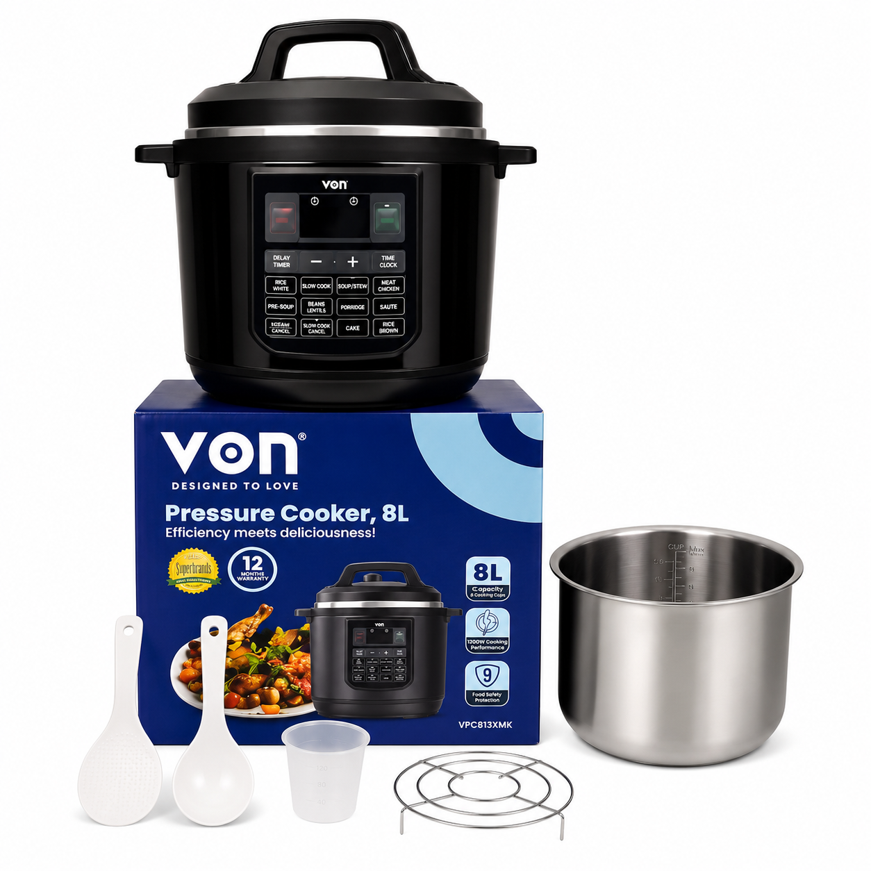 VON Pressure Cooker Electric  8L 1200W – 12 Preset Programs, LED Display VPC813XMK