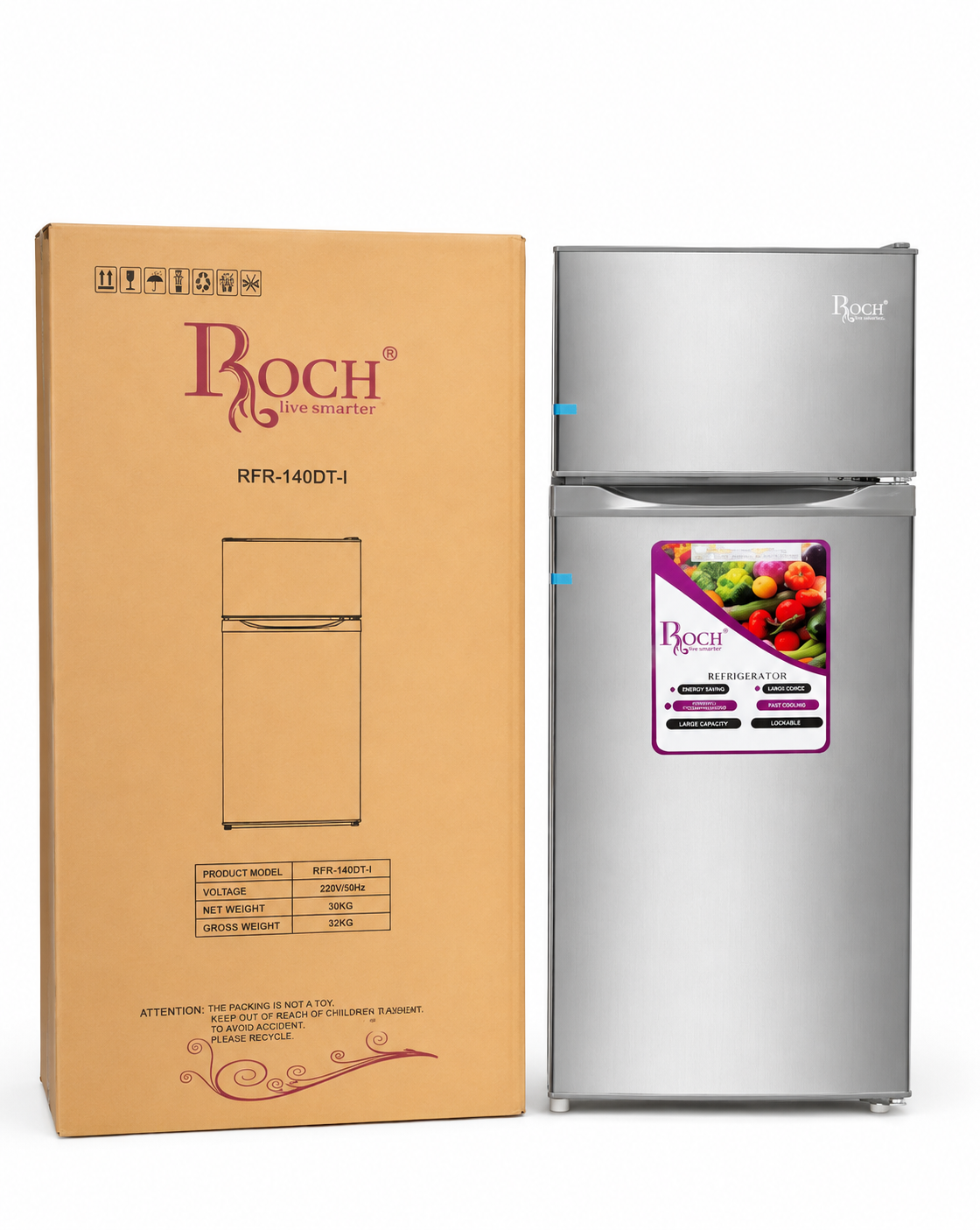 Roch Fridge RFR-140DT 112L Double Door Refrigerator – Top Mount Freezer, Energy Saving, LED Light