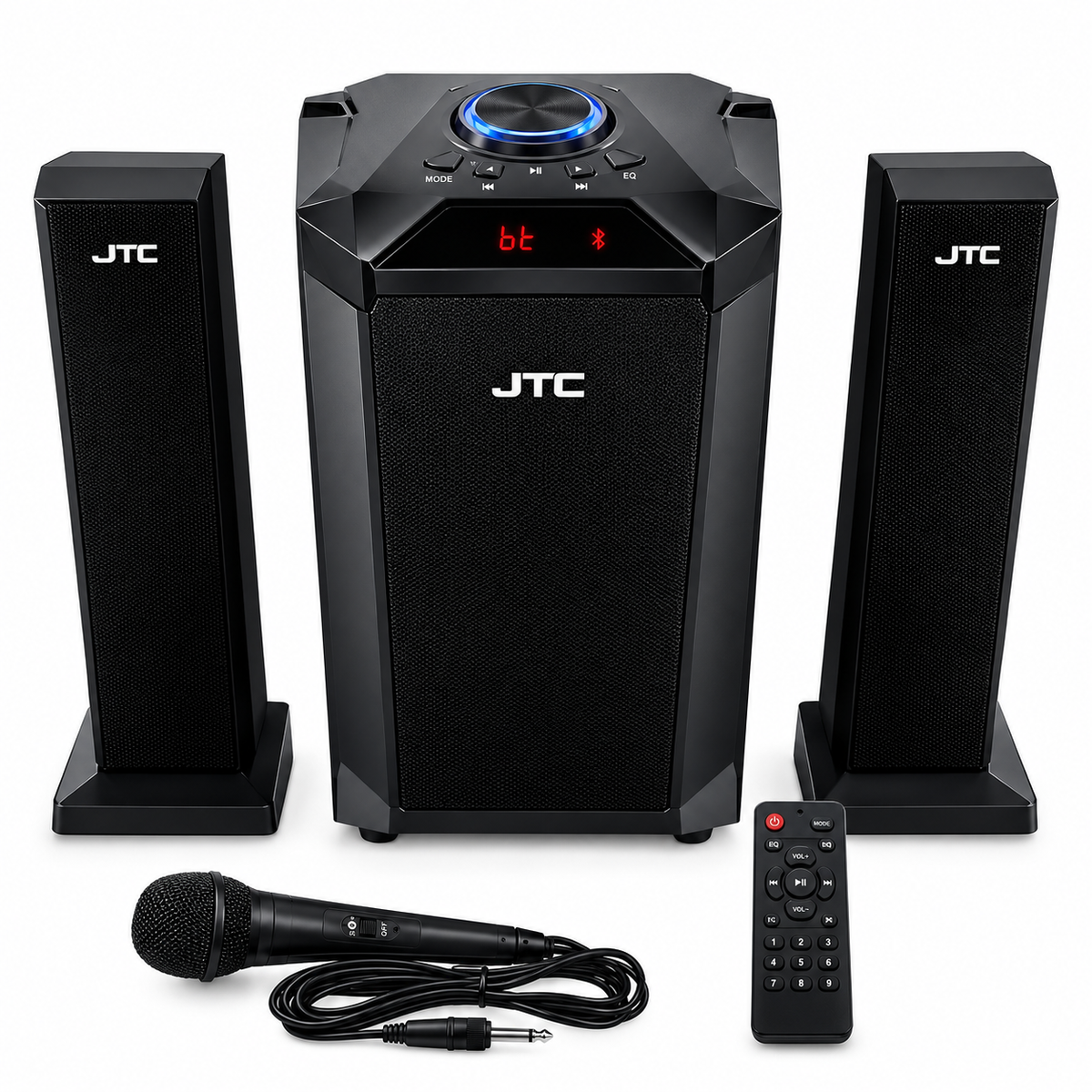 JTC Speaker  J-801 Pro 2.1 Channel Multimedia System – 1200W PMPO, Bluetooth, USB, FM Radio, Remote Control