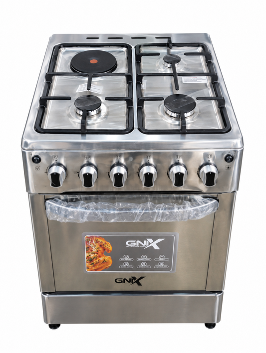 GNIX 60x60 Free Standing Cooker 3 Gas Burners + 1 Rapid Hotplate, Electric Oven, Rotisserie, Auto Ignition
