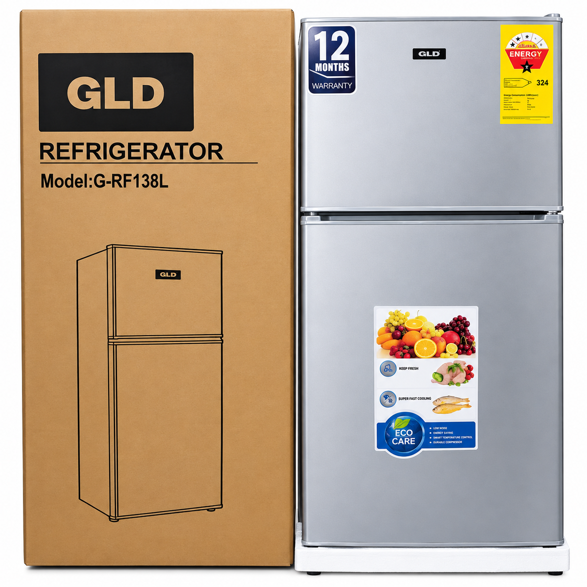GLD Fridge 138L Double Door Fridge G-RF138L , 90L Refrigerator + 48L Freezer, R600a Refrigerant  2-Star Energy Rating  1 Year Warranty