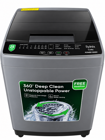 Syinix Washing Machine P12WTK Vortex Pro 360° Fully Automatic  12KG  Power Wash, Smart Water Saving, 10 Programs, Free Stabilizer