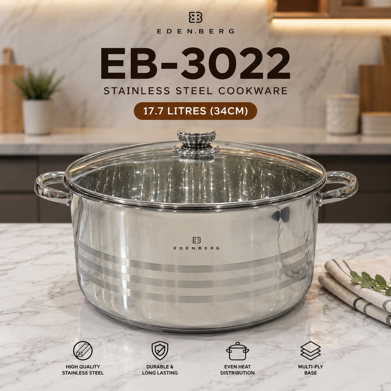 Edenberg Cooking Pot EB-3022 Stainless Steel  17.7L – 34cm – Multi-Ply Base – Glass Lid – Induction Compatible