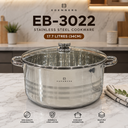 Edenberg Cooking Pot EB-3022 Stainless Steel  17.7L – 34cm – Multi-Ply Base – Glass Lid – Induction Compatible