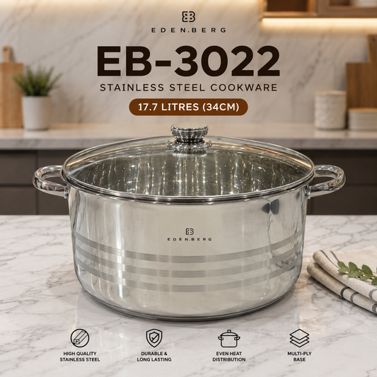 Edenberg Cooking Pot EB-3022 Stainless Steel  17.7L – 34cm – Multi-Ply Base – Glass Lid – Induction Compatible