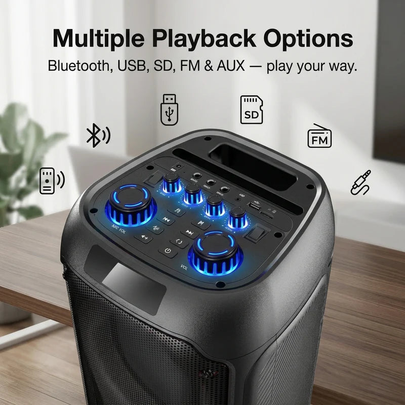 Syinix SYN-DJ280TWD 80W Deep Bass Wireless Bluetooth Speaker – Karaoke, RGB LED Lights, TWS Stereo, FM/USB/AUX
