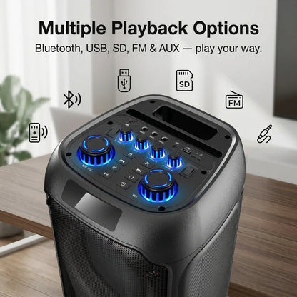 Syinix SYN-DJ280TWD 80W Deep Bass Wireless Bluetooth Speaker – Karaoke, RGB LED Lights, TWS Stereo, FM/USB/AUX