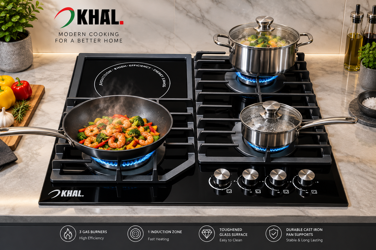 Khal Hob 3 Gas(1 wok) + 1 electric ceramic plate, black glass 60cm
