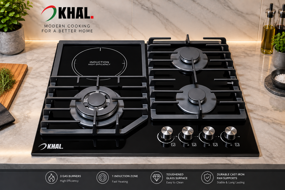 Khal Hob 3 Gas(1 wok) + 1 electric ceramic plate, black glass 60cm