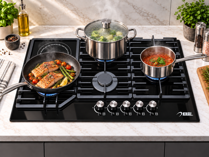 Khal Hob 4 Gas(1 WOK) + 1 Electric Ceramic Plate ,Black Glass 90cm ID-5003