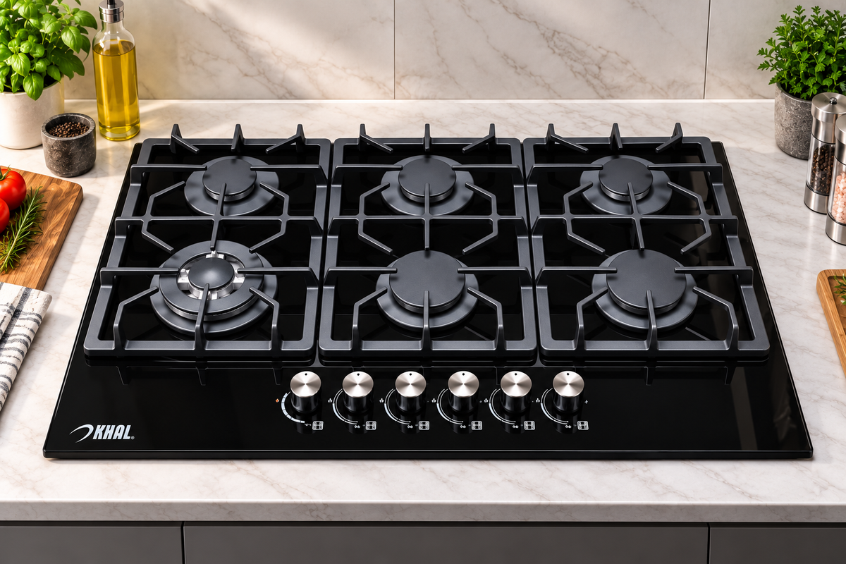 Khal Hob 6 Gas Burner with 1 Wok Burner, Black Glass 90cm ID-6002