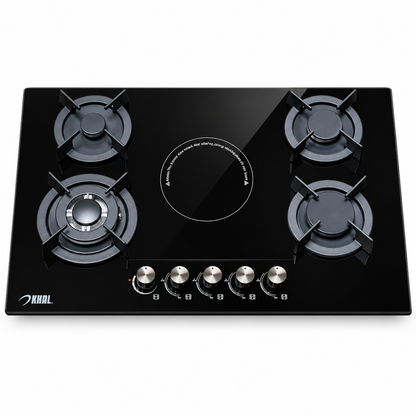 Khal Hob 4 Gas(1 WOK) + 1 Electric Ceramic Plate ,Black Glass 90cm ID-5006