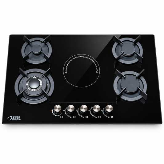 Khal Hob 4 Gas(1 WOK) + 1 Electric Ceramic Plate ,Black Glass 90cm ID-5006