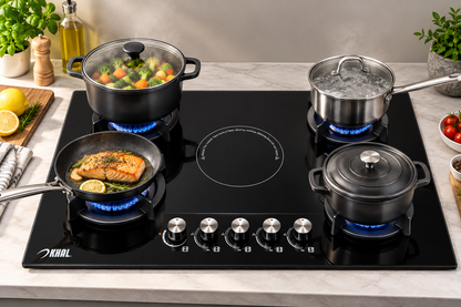 Khal Hob 4 Gas(1 WOK) + 1 Electric Ceramic Plate ,Black Glass 90cm ID-5006