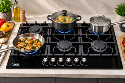 Khal Hob 6 Gas Burner with 1 Wok Burner, Black Glass 90cm ID-6002