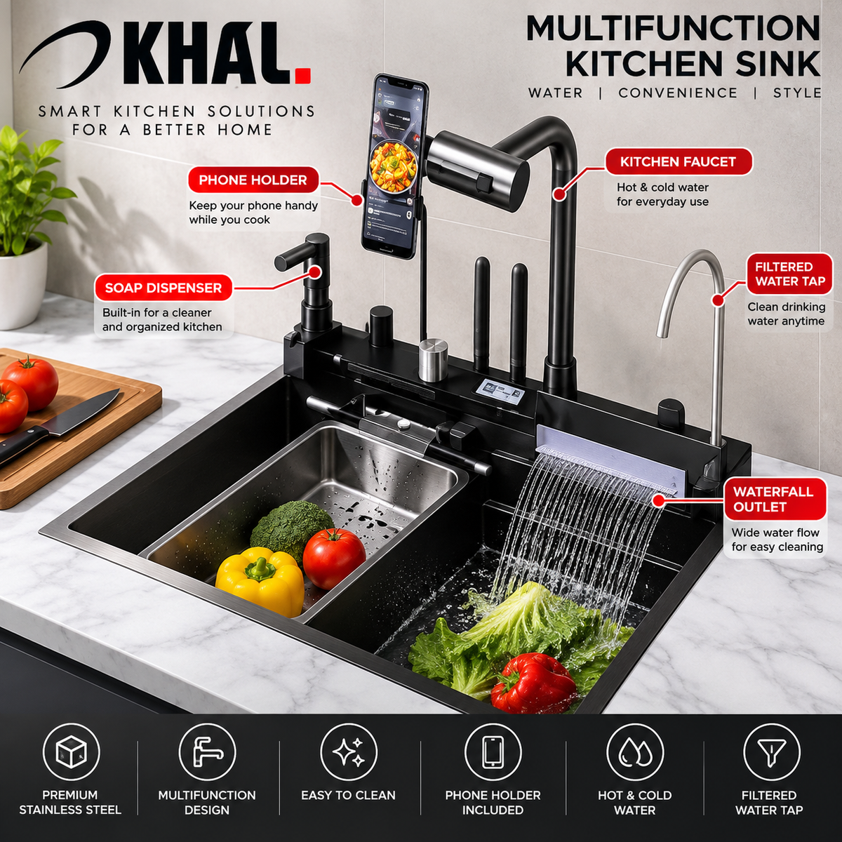 Sink Smart Handmade Stainless Steel  73x46cm with Waterfall Faucet, Pull-Out Spray and  Phone Holder