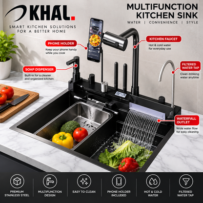 Sink Smart Handmade Stainless Steel  73x46cm with Waterfall Faucet, Pull-Out Spray and  Phone Holder