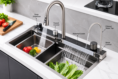 Sink Stainless Steel Handmade 73*46*21 Deep Bowl With Waterfall Faucet, Pull-Out Sprayer and  Installation Kit