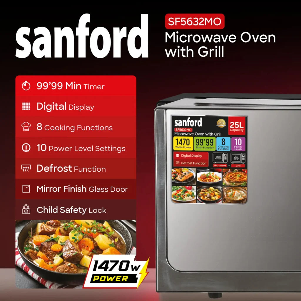 Sanford 25L Microwave Oven With Grill SF5632MO 1470W Digital LED, 10 Power Levels, Child Lock
