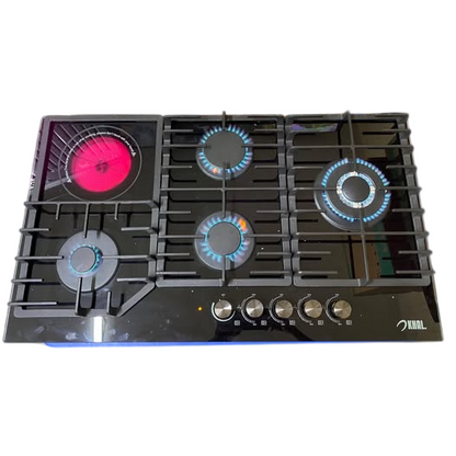 Khal Hob 4 Gas(1 WOK) + 1 Electric Ceramic Plate ,Black Glass 90cm ID-5003