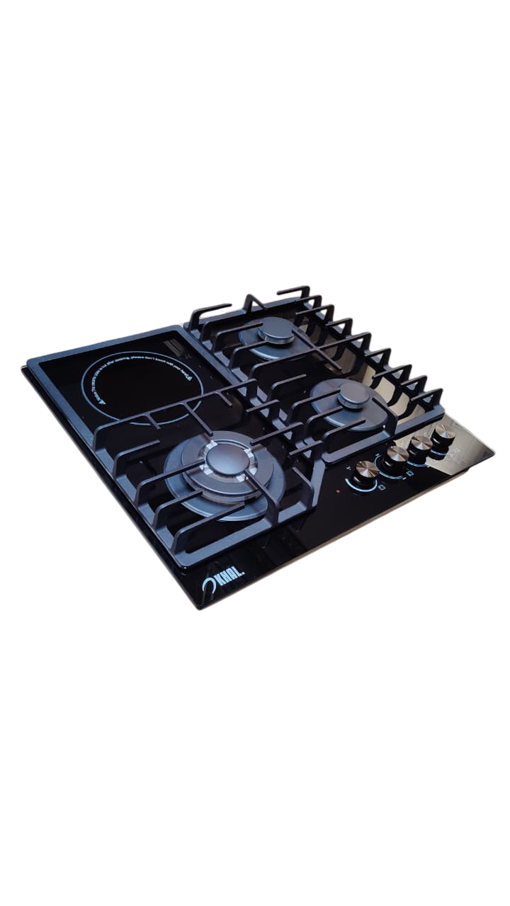 Khal Hob 3 gas(1 wok) + 1 electric ceramic plate, black glass 60cm