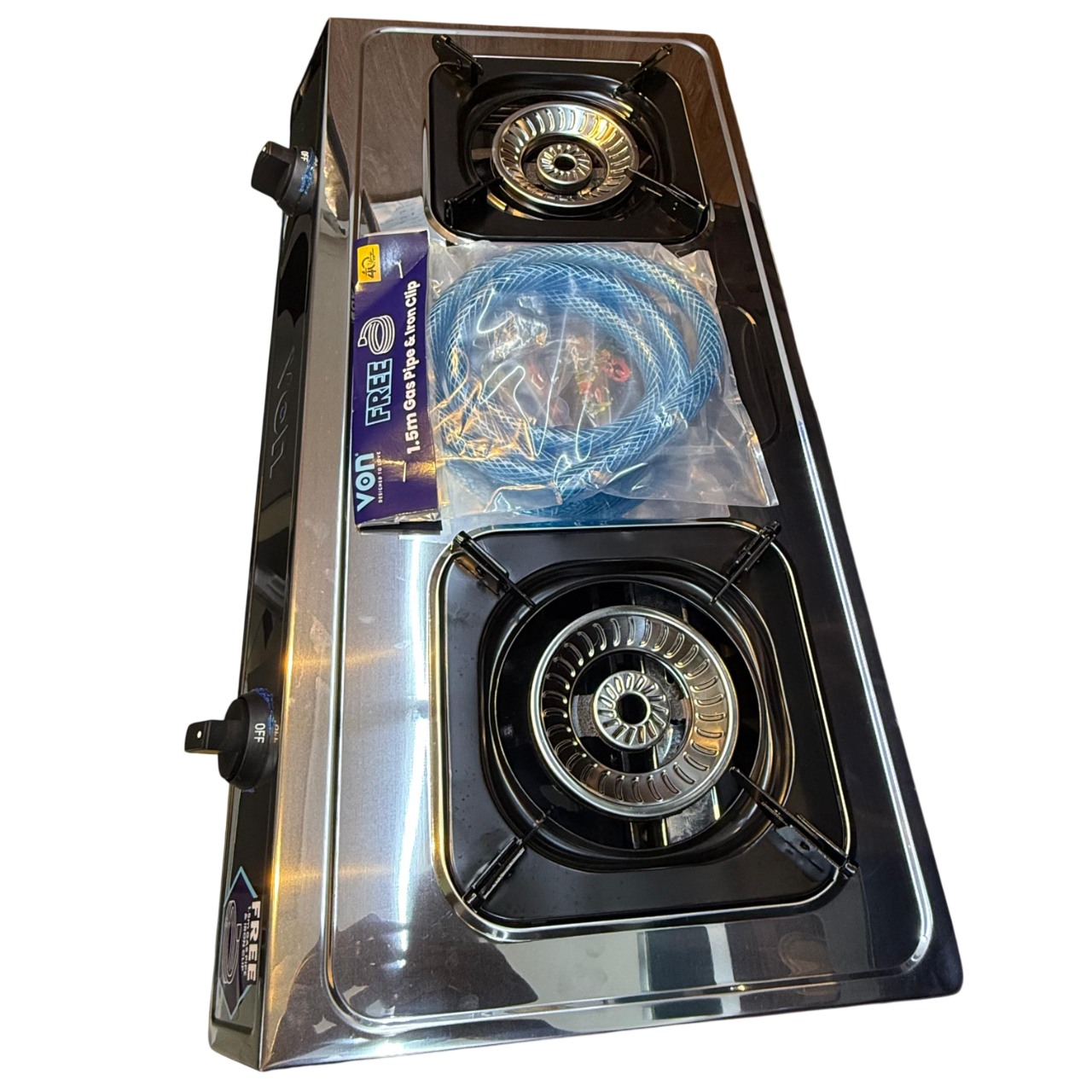 VON Cooker 2 Burner Gas Table Top  Enamel Coated, Stainless Steel With 1.5M Free Gas Pipe VCT2XWGX