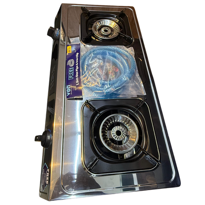 VON Cooker 2 Burner Gas Table Top  Enamel Coated, Stainless Steel With 1.5M Free Gas Pipe VCT2XWGX