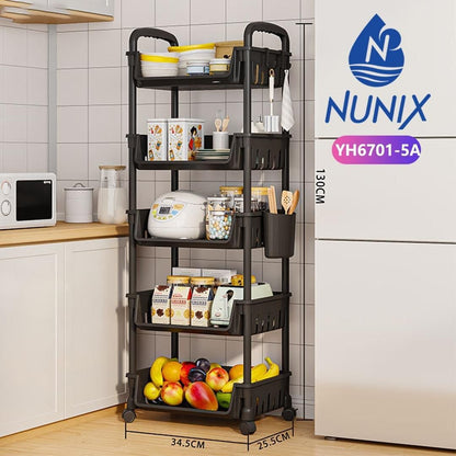 NUNIX  5-Tier Kitchen Organizer Rack With Rollers  Slim Storage Shelf  130x34.5x25.5cm Black YH6701-5A