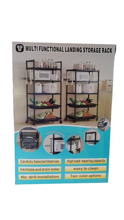 Nunix 5-Tier Kitchen Organizer Rack With Rollers Multi-Purpose Storage Shelf 154x49x34cm Black