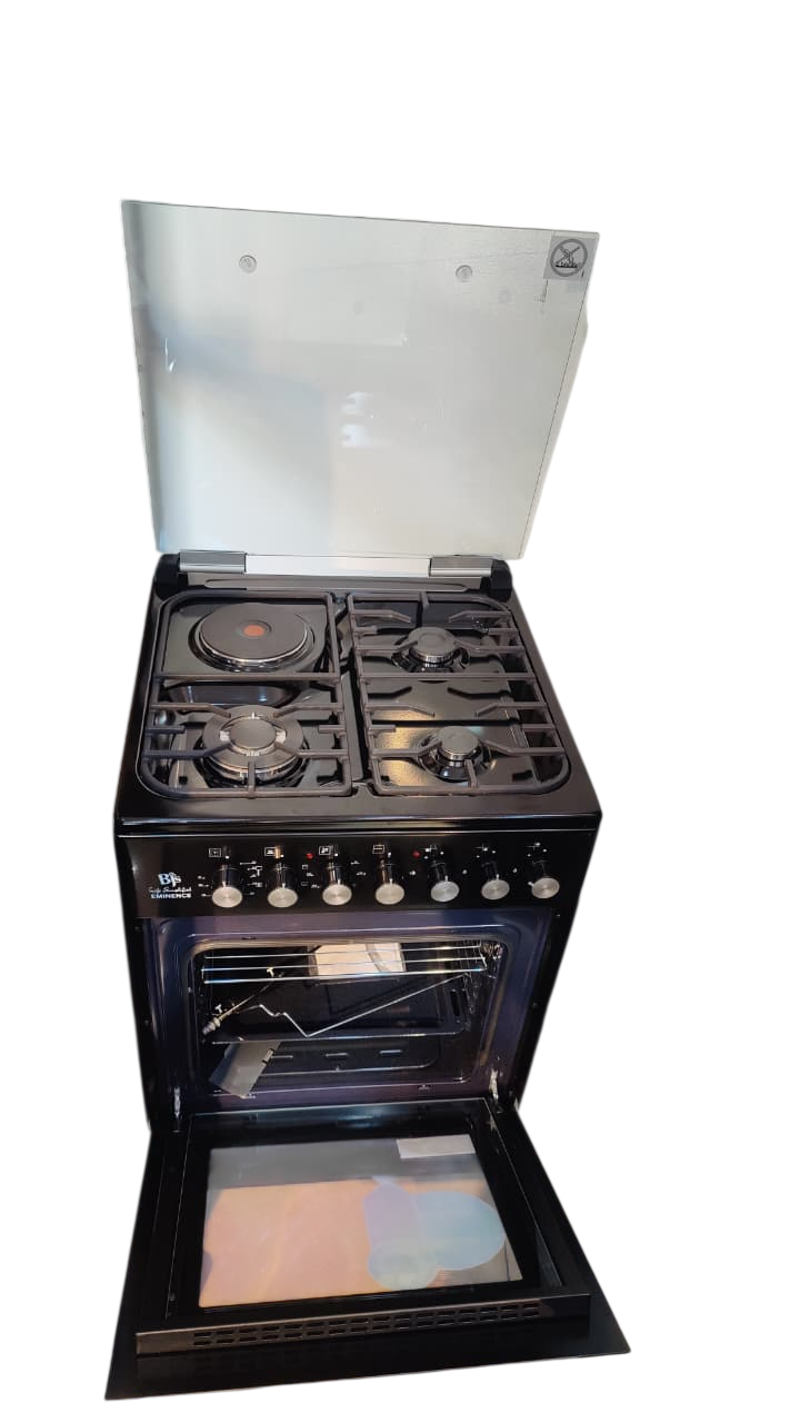 Bjs Eminence 60x60 Cooker 3 Gas Burners + 1 Electric Plate, rapid plate, WOK triple ring burner, sensor, blue enamel oven, turbo fan, food warmer, Stainless Steel. Black
