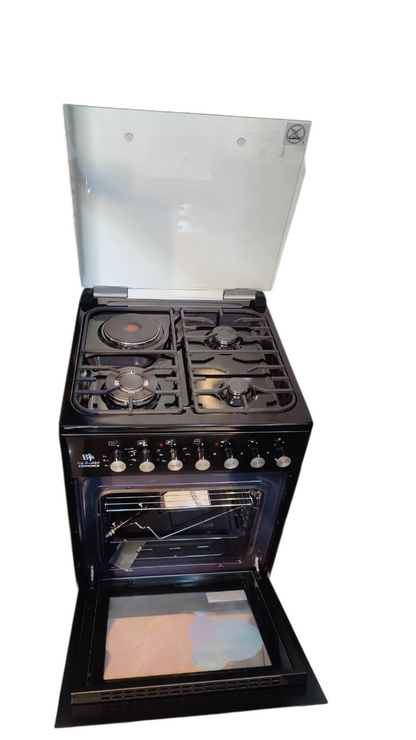 Bjs Eminence 60x60 Cooker 3 Gas Burners + 1 Electric Plate, rapid plate, WOK triple ring burner, sensor, blue enamel oven, turbo fan, food warmer, Stainless Steel. Black