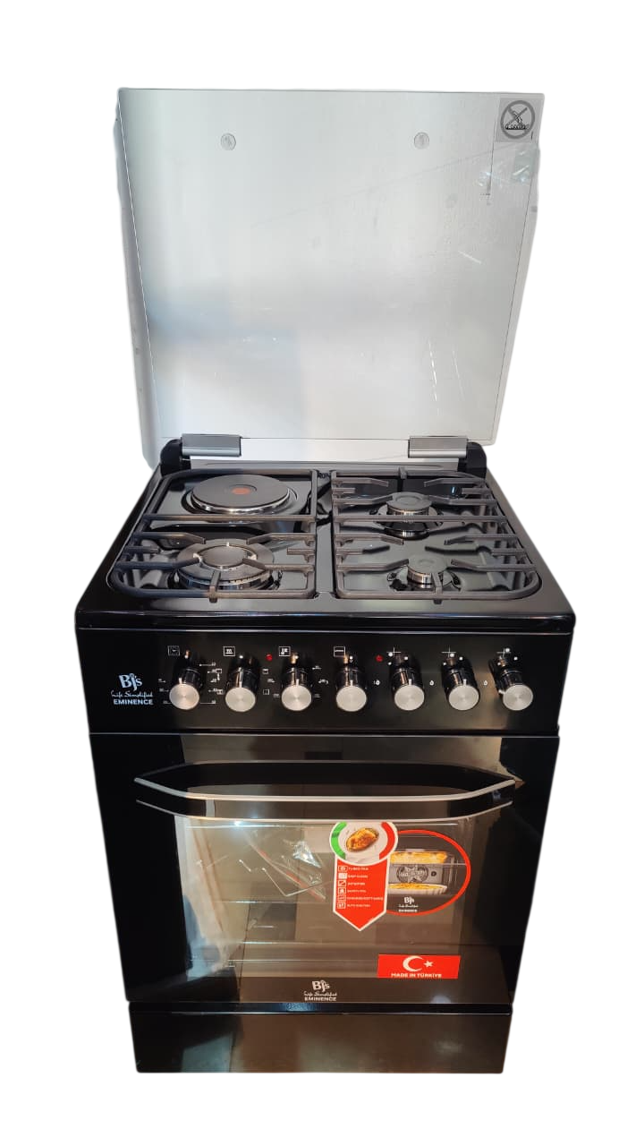 Bjs Eminence 60x60 Cooker 3 Gas Burners + 1 Electric Plate, rapid plate, WOK triple ring burner, sensor, blue enamel oven, turbo fan, food warmer, Stainless Steel. Black