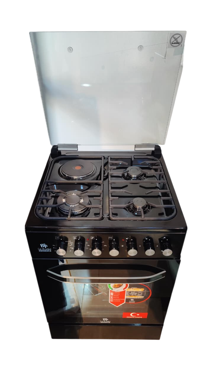 Bjs Eminence 60x60 Cooker 3 Gas Burners + 1 Electric Plate, rapid plate, WOK triple ring burner, sensor, blue enamel oven, turbo fan, food warmer, Stainless Steel. Black