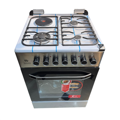 Bjs Everest 60x60 Cooker 3 Gas Burners + 1 Electric Plate, rapid plate, WOK triple ring burner, sensor, blue enamel oven, turbo fan, food warmer, Stainless Steel. Silver