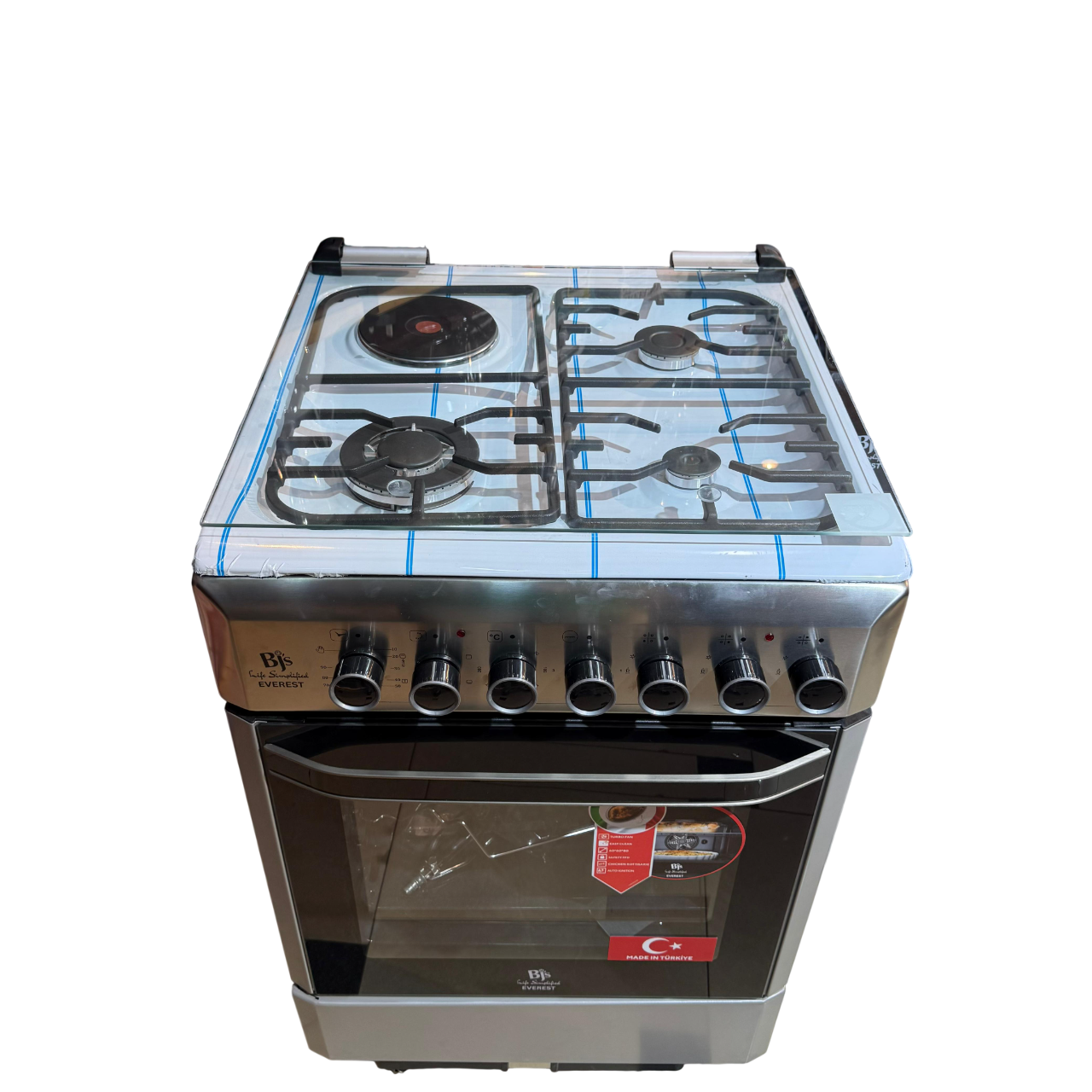 Bjs Eminence 60x60 Cooker 3 Gas Burners + 1 Electric Plate, rapid plate, WOK triple ring burner, sensor, blue enamel oven, turbo fan, food warmer, Stainless Steel. Silver