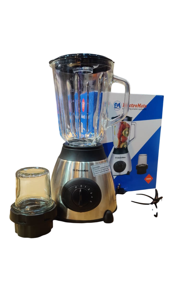 ElectroMate 2 In 1 Blender With Grinder  1.5L Glass Jar, 350W High Power, Stainless Steel Body, Multi-Speed Control Silver