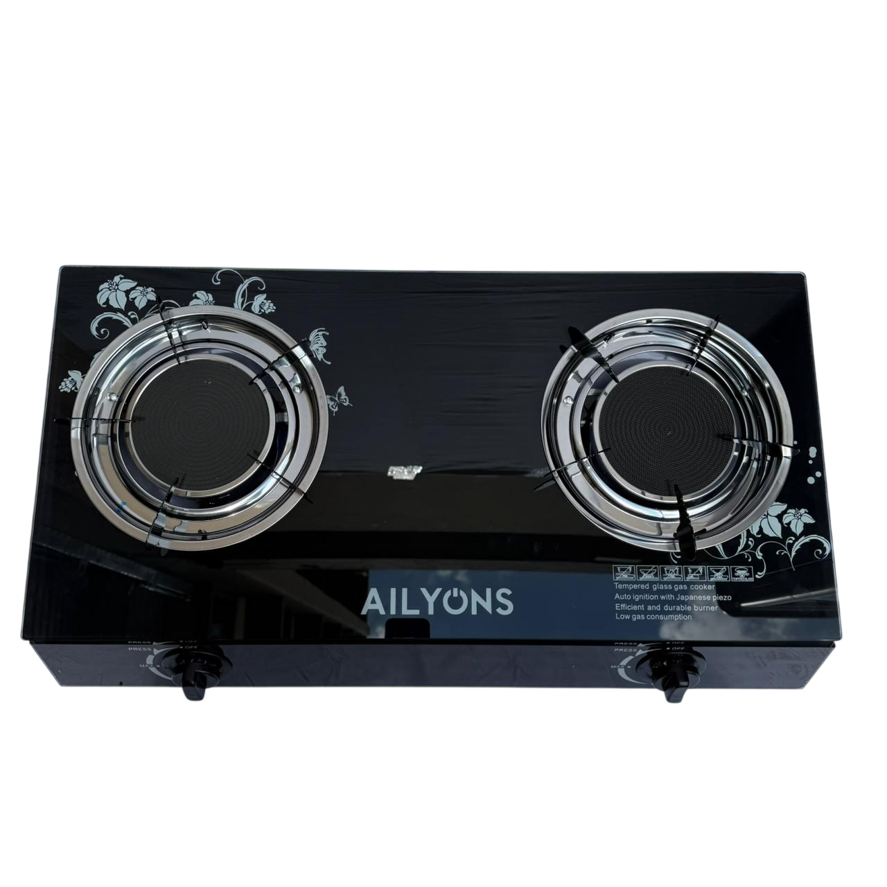 Ailyons Infrared 2 Burner Gas Cooker  Tempered Glass Top Table Stove, Energy Saving, Smokeless Cooking – Black