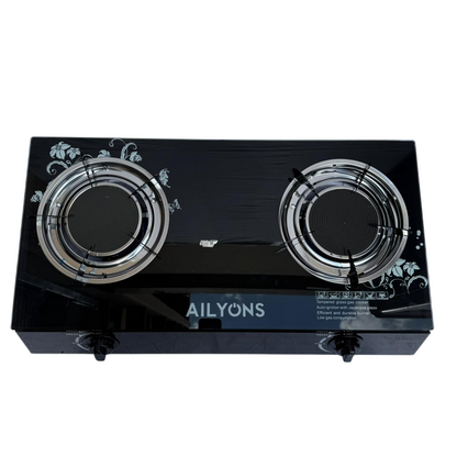 Ailyons Infrared 2 Burner Gas Cooker  Tempered Glass Top Table Stove, Energy Saving, Smokeless Cooking – Black